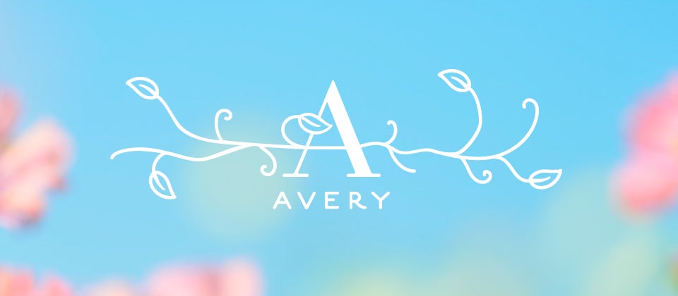Blue background with blurred pink and green shapes and the Avery imprint logo