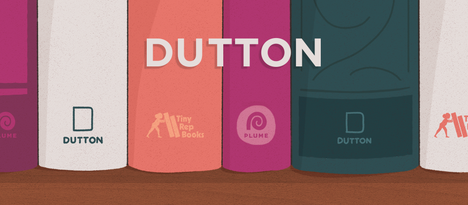 Different colored book spines with the Dutton books logo, the plume books logo, and the tiny rep books logo